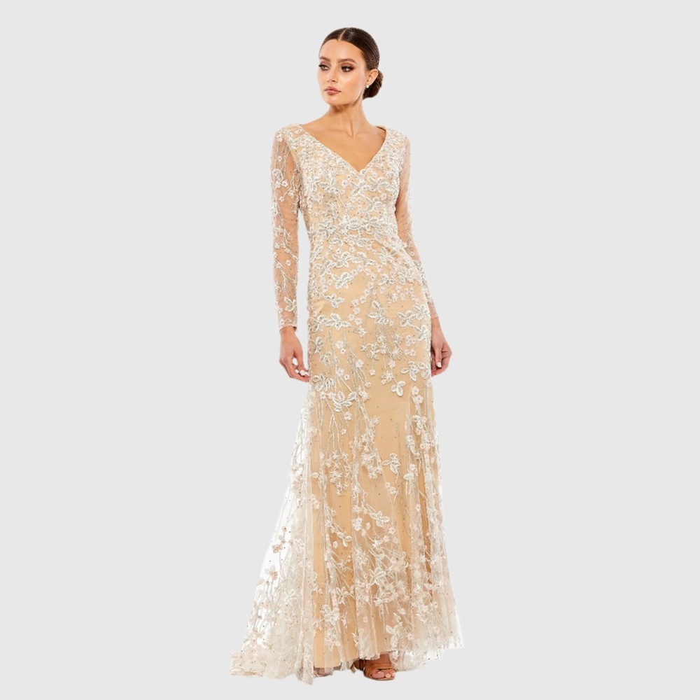 NWT $498 MAC DUGGAL Embroidered V Neck Long Sleeve Trumpet Gown DRESS 70239